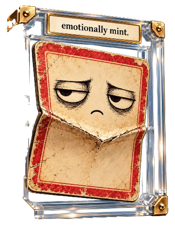 Bent Cards: a creased, tired-looking playing card sealed inside an acrylic grading case with gold corners and an 'emotionally mint.' plaque